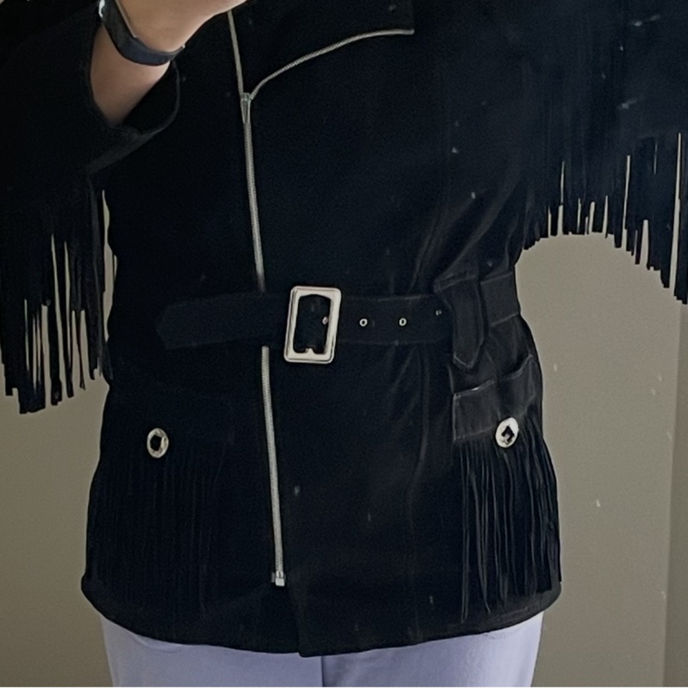 Vintage Black Suede Fringe Coat with Belt - Picture 3 of 4